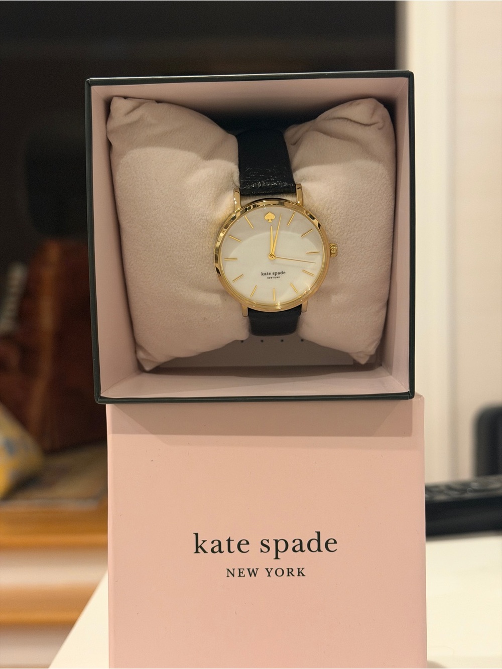 kate spade Gold Tone Case with Black Leather Strap Watch